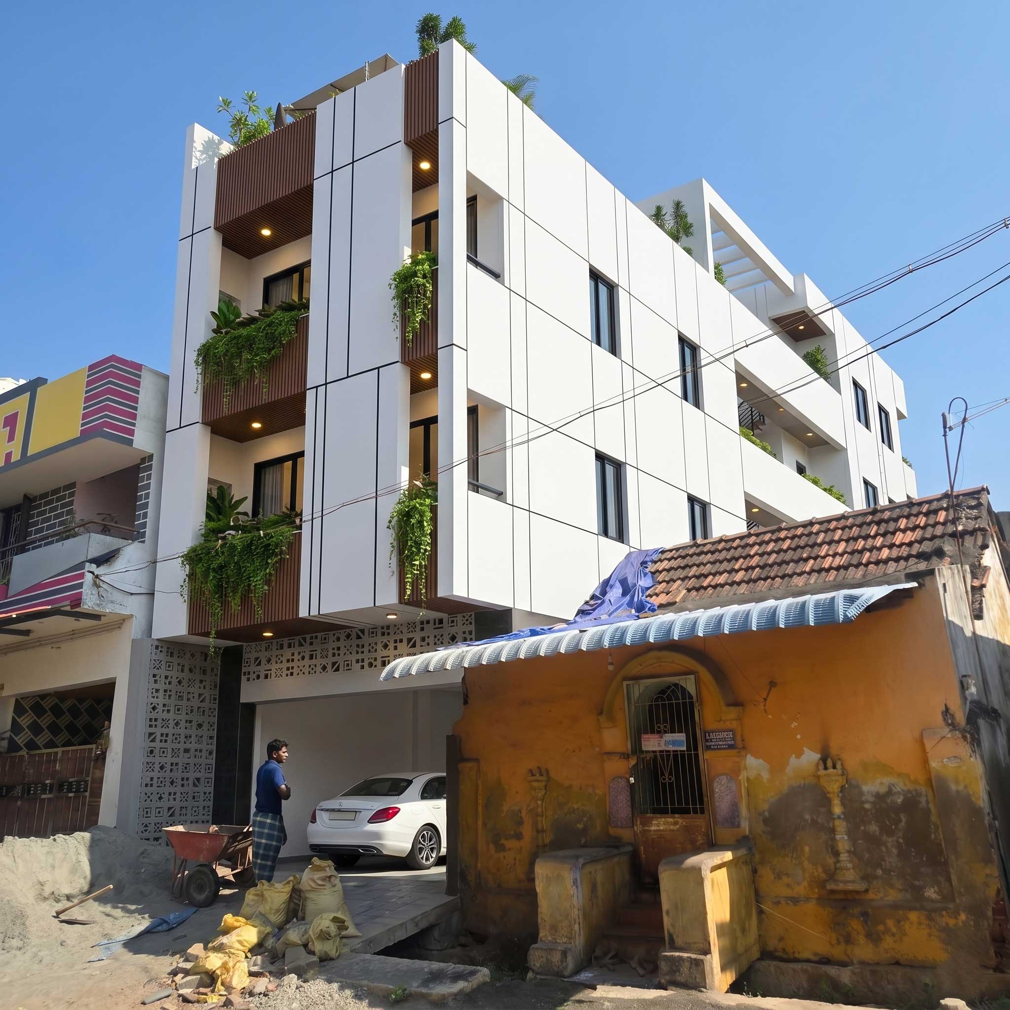 Padmavathy Apartments — elevation drawing showing facade composition and shading bands